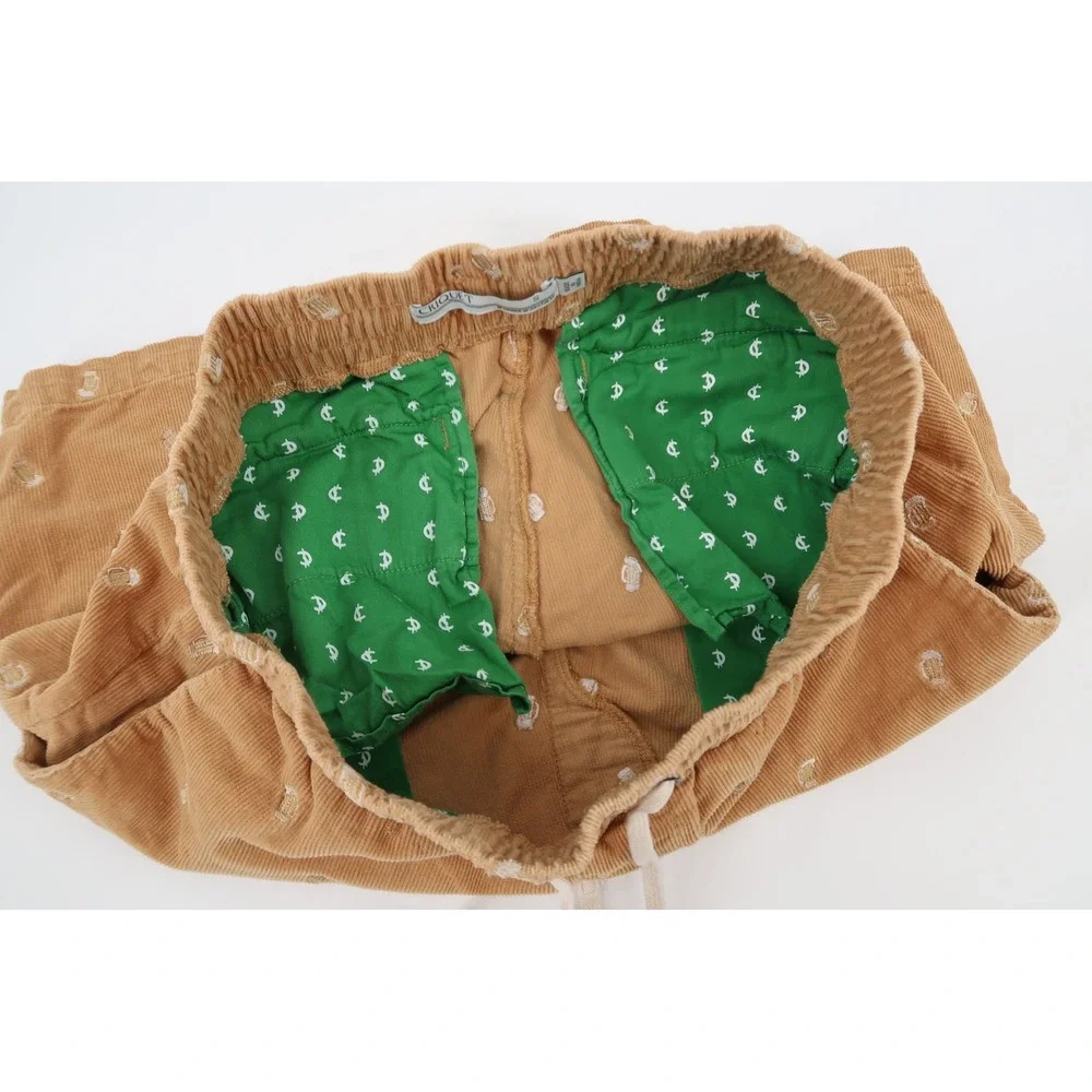 Criquet Corduroy Shorts Mens Small Tan Embroidered Beer Mugs Elastic Waist